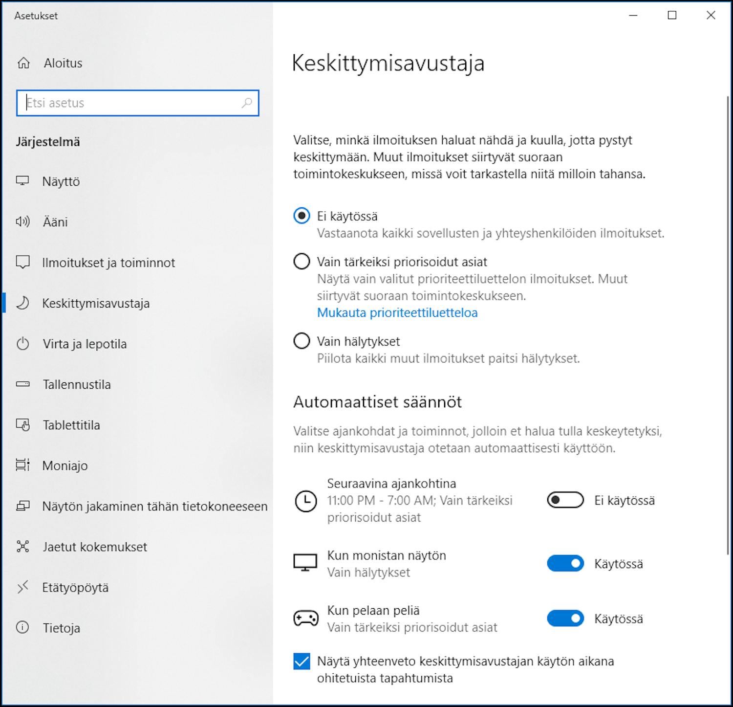 Keskittymisavustaja Windows 10:n Keskittymisavustaja